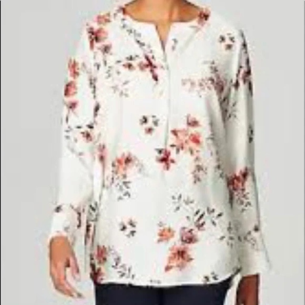 J.Jill white floral print viscose tunic blouse long sleeve button down Large